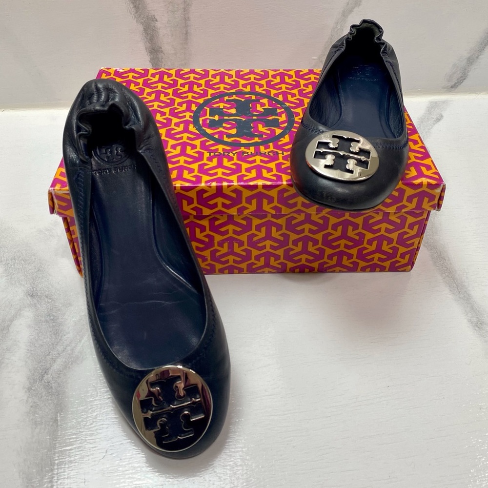 Tory Burch Reva Flats Size 10, Navy Blue leather with Silver metal